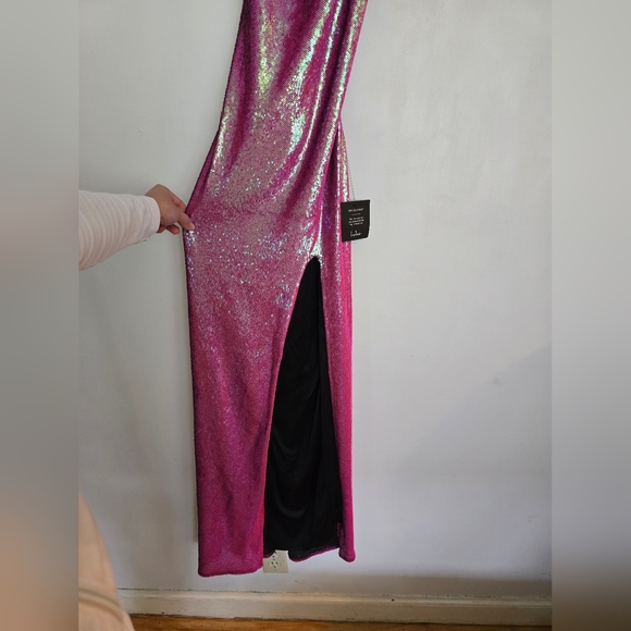 Lulu's Glam Diva Iridescent Hot Pink Sequin Lace-Up Maxi Dress - Picture 4 of 9
